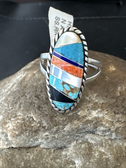 MultiColor Navajo Sterling Turquoise Spiny Oyster Inlay Ring Sz 8.5 18705