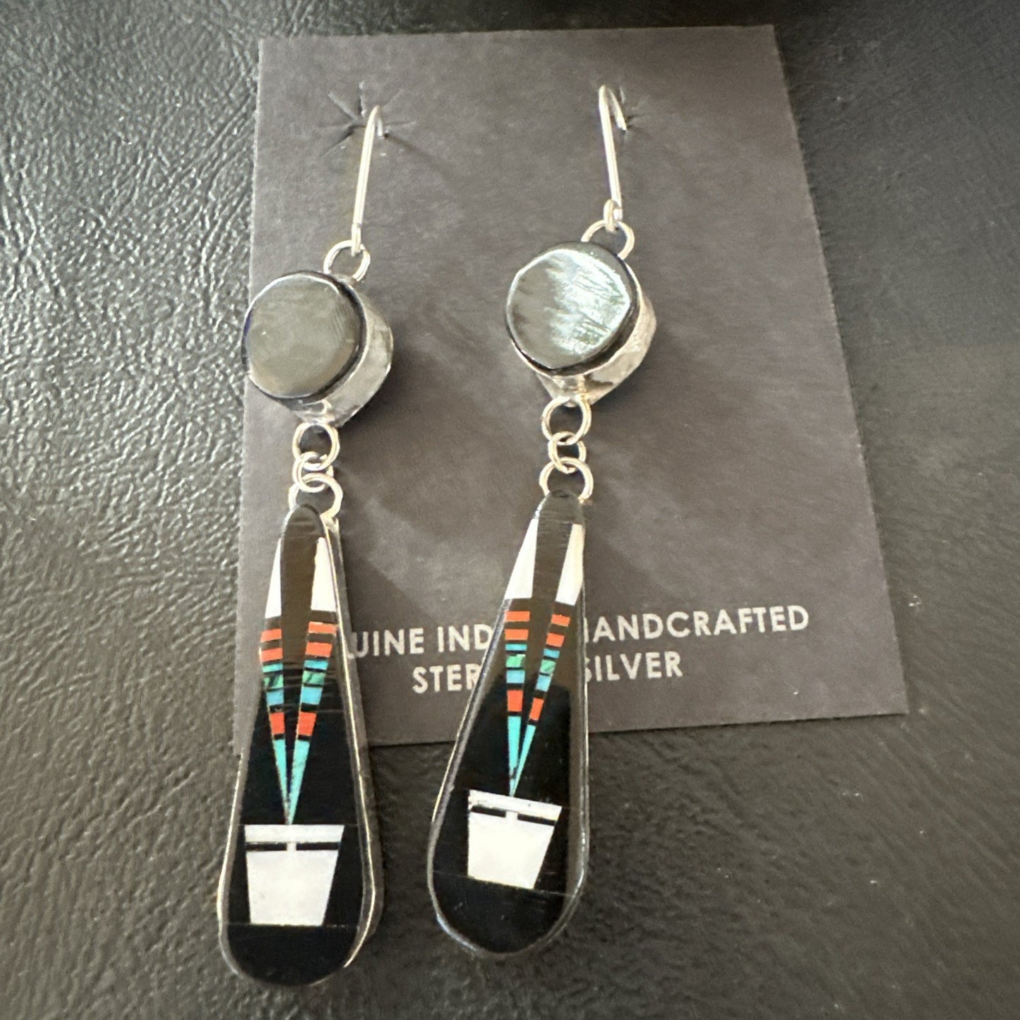 XL Navajo Onyx Turquoise Coral Inlay Earrings Sterling Silver Handmade 19774