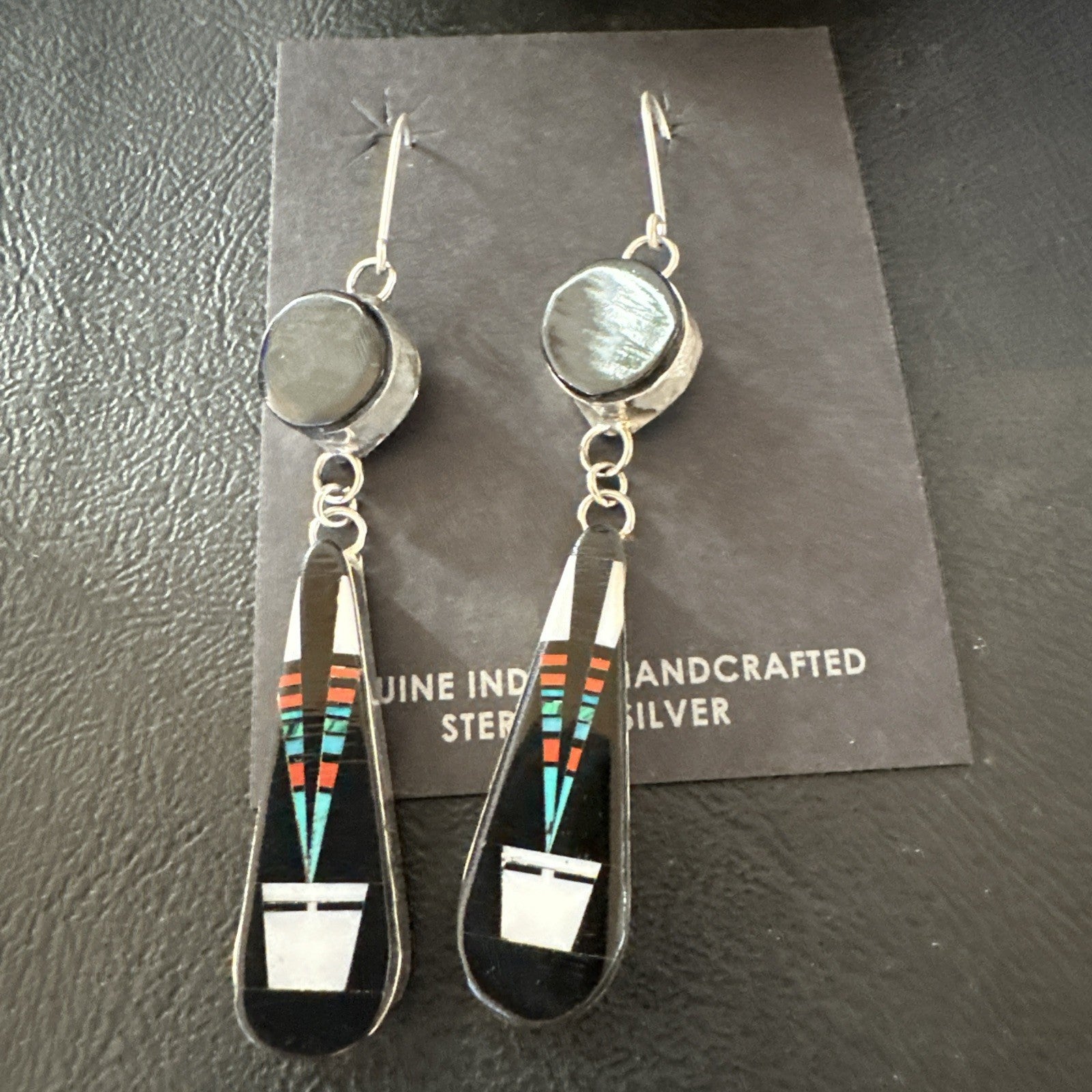 XL Navajo Onyx Turquoise Coral Inlay Earrings Sterling Silver Handmade 19774