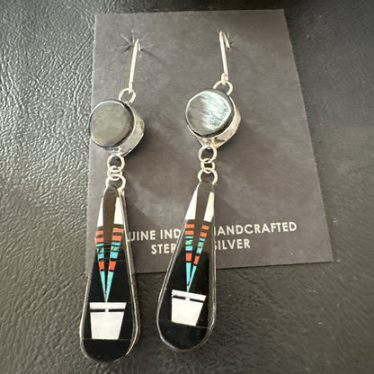 XL Navajo Onyx Turquoise Coral Inlay Earrings Sterling Silver Handmade 19774