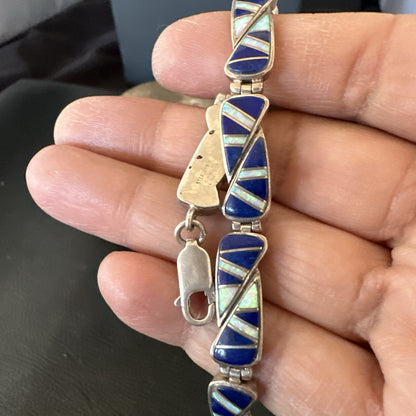A Womens Blue Lapis Opal Sterling Silver Link Bracelet 9" 19792