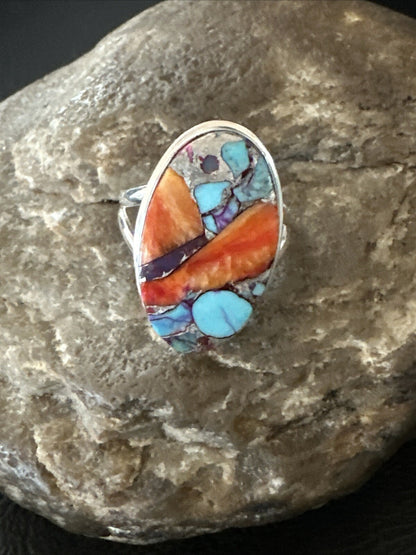 Blue Turquoise Spiny Oyster Southwestern Sterling Silver Ring Size 8 18436