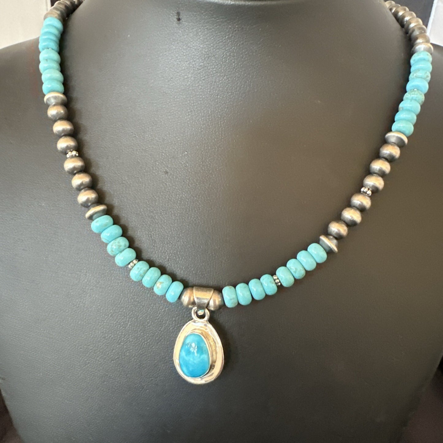 WoMens Blue Kingman Turquoise Pendant Navajo Sterling Silver Necklace 21" 18419