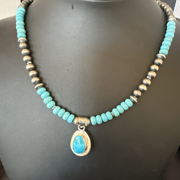 Women's Blue Kingman Turquoise Pendant Navajo Necklace 21" | Sterling Silver | Authentic Native American Handmade | 18419