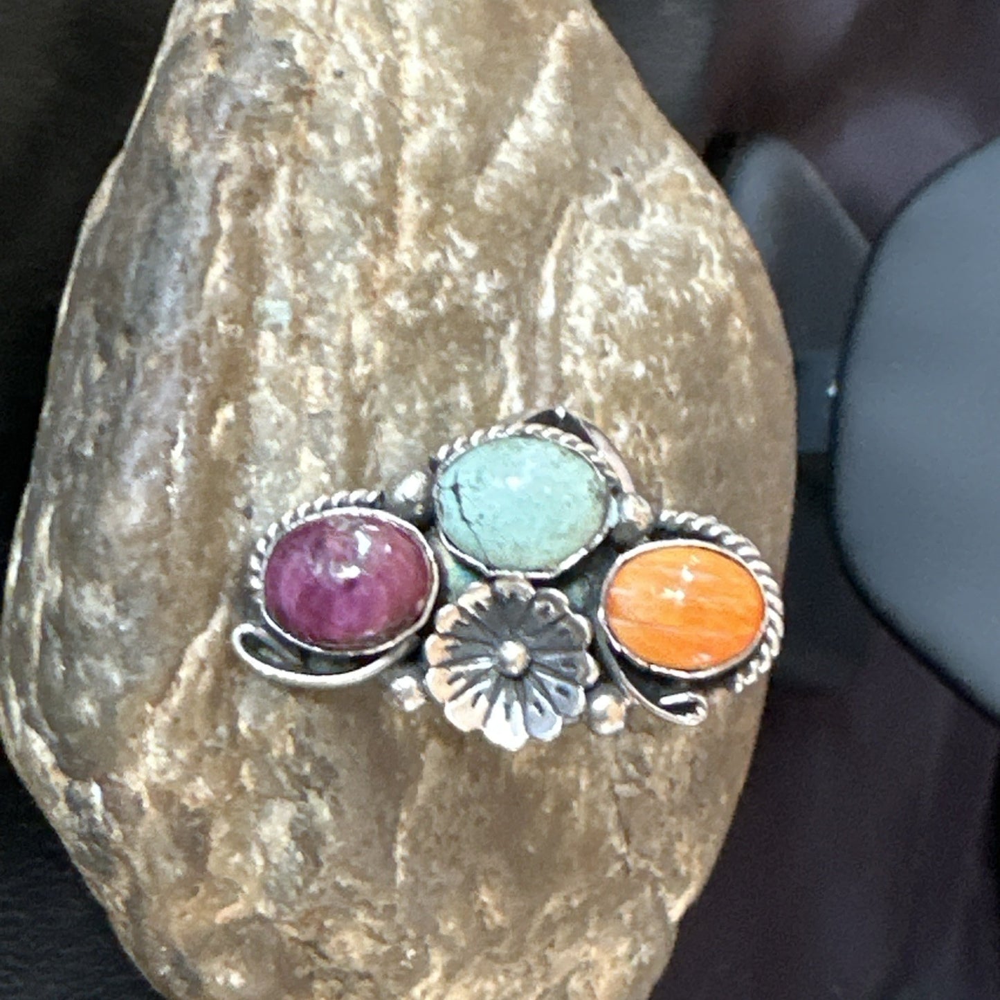 Multicolor Ring Turquoise Spiny Navajo Sterling Silver Cluster Size 8 19170