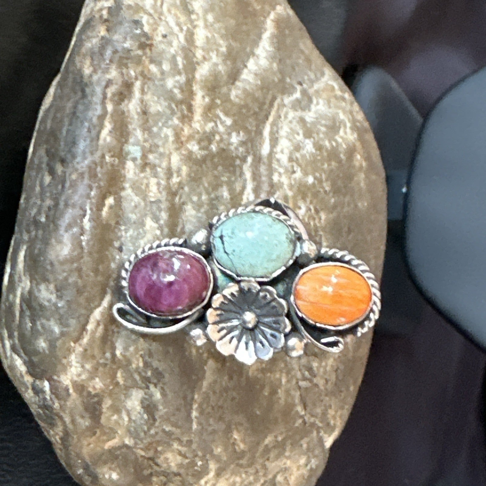 Multicolor Ring Turquoise Spiny Navajo Sterling Silver Cluster Size 8 19170