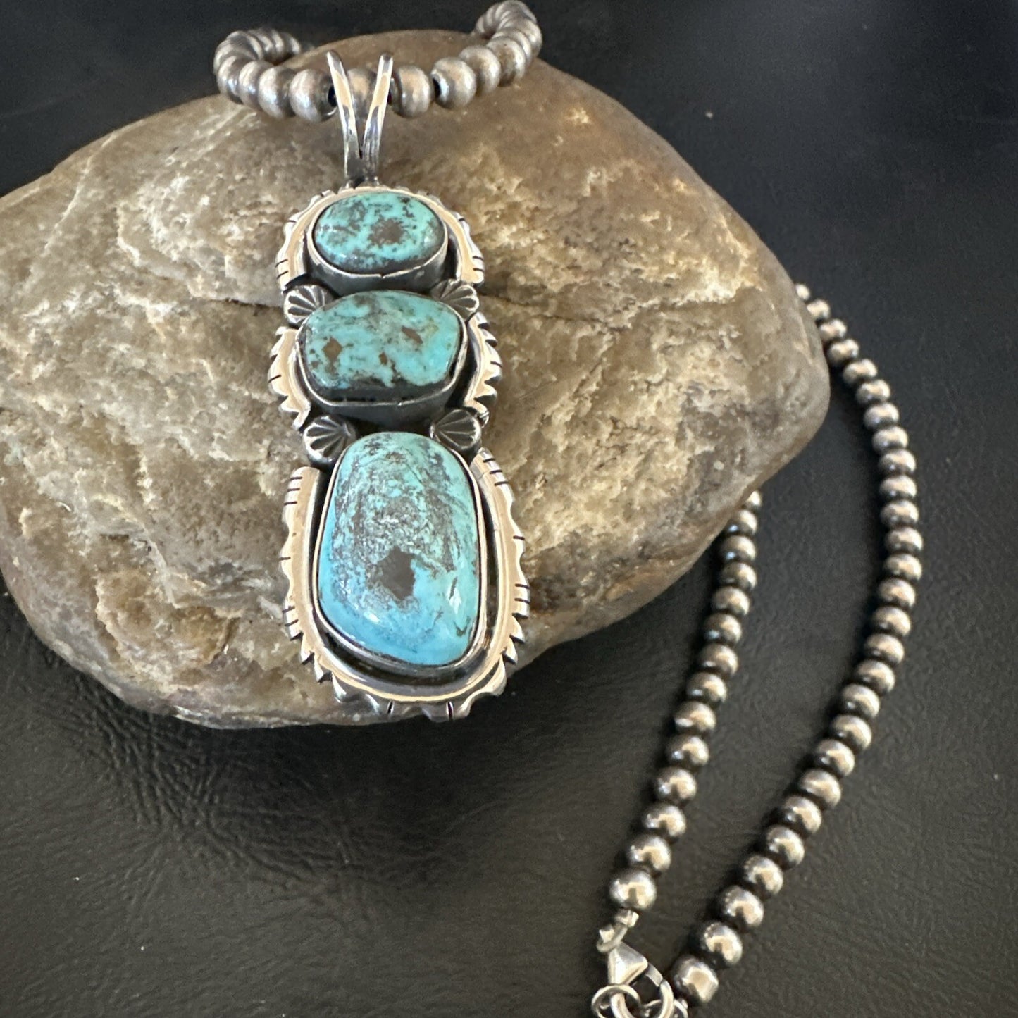 Blue Kingman Turquoise 3 Stone Navajo Sterling Silver Cluster Pendant 17633