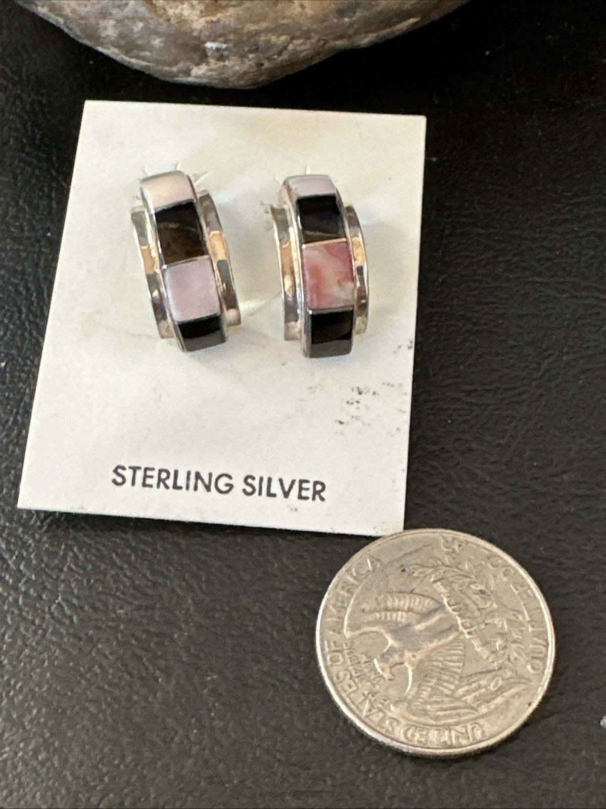 Pink Queen Conch Black Onyx Sterling Silver Post  Inlay Hoop Earrings 19819