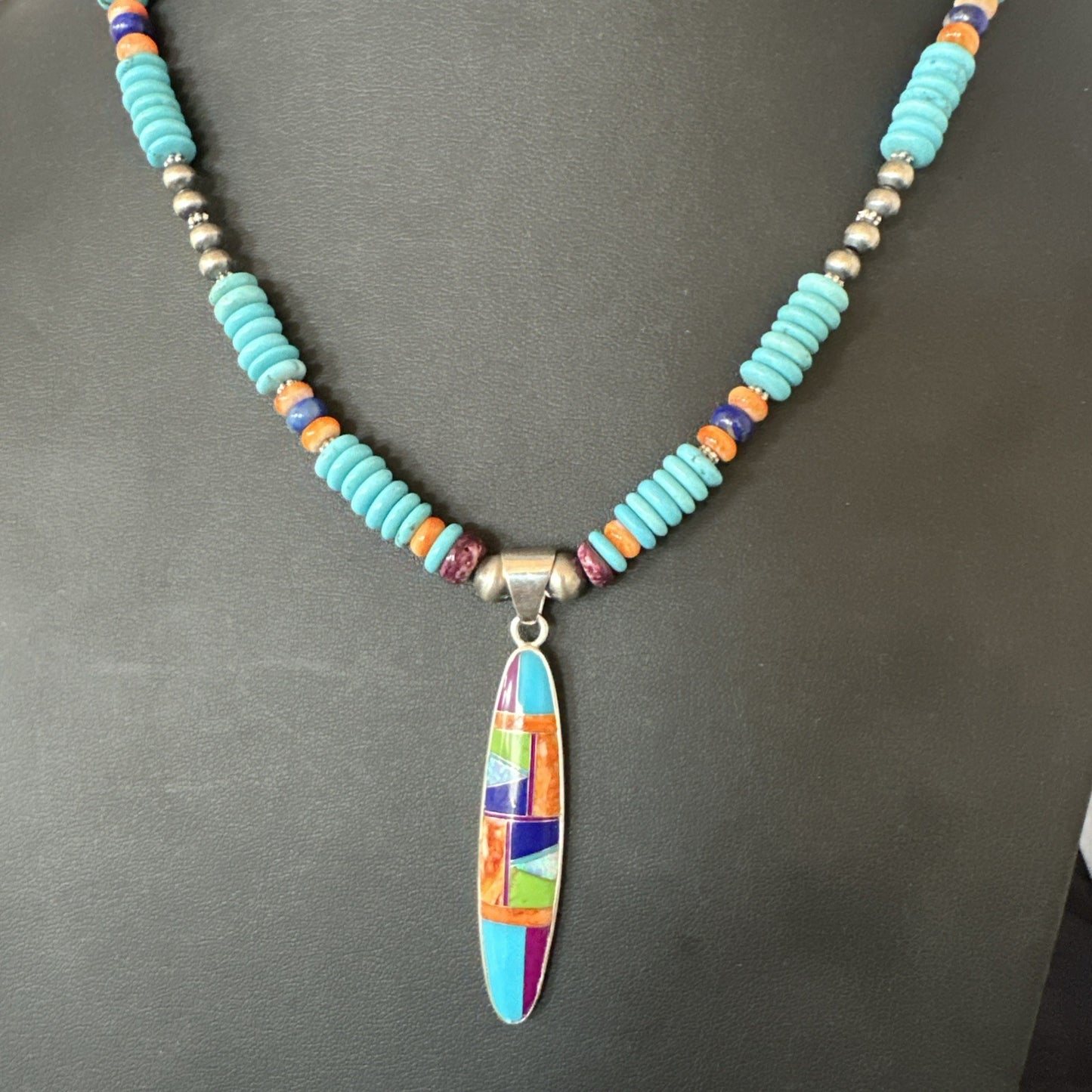 Multicolor Turquoise Spiny Navajo Sterling Silver Inlay Pendant Necklace 19644