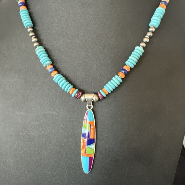Multicolor Turquoise Spiny Navajo Inlay Pendant Necklace | Sterling Silver | Authentic Native American Handmade | 19644