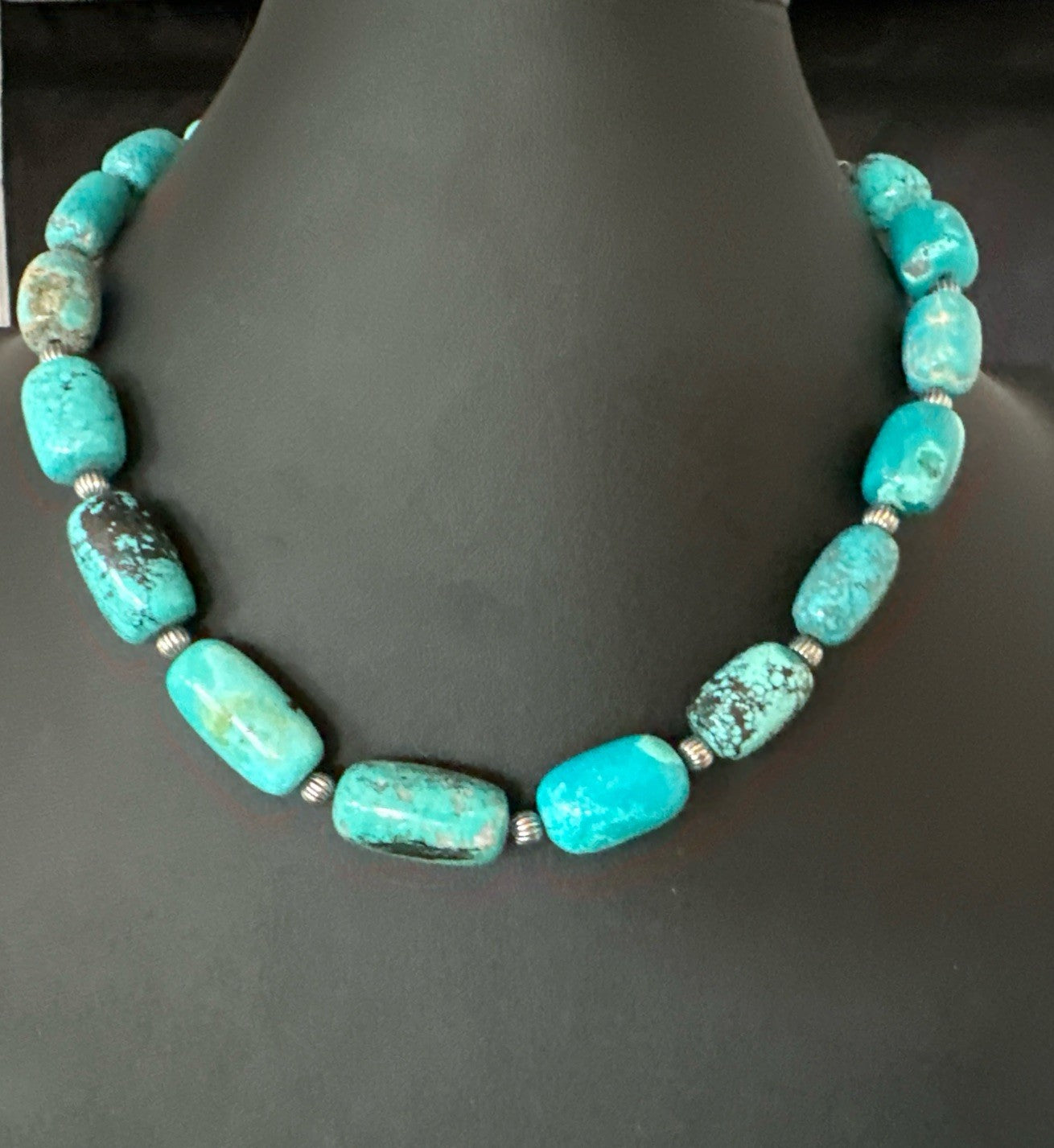 Mens Womens Blue Nugget Turquoise Navajo Sterling Silver Necklace 17.5” 19688