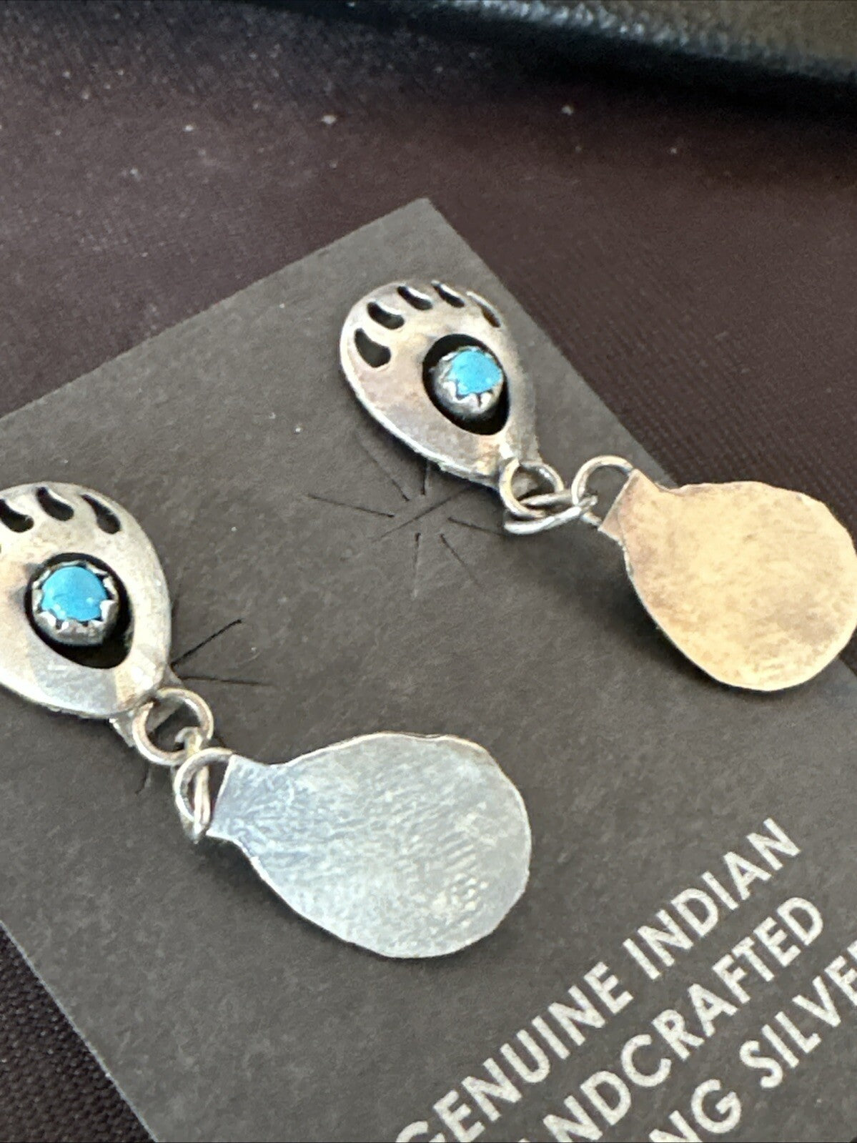 Navajo Blue Turquoise Sterling Silver Post Dangle Bear Paw Earrings 1.30" 4520