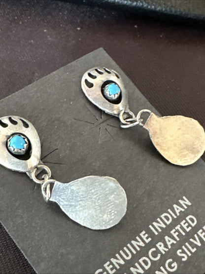 Navajo Blue Turquoise Sterling Silver Post Dangle Bear Paw Earrings 1.30" 4520