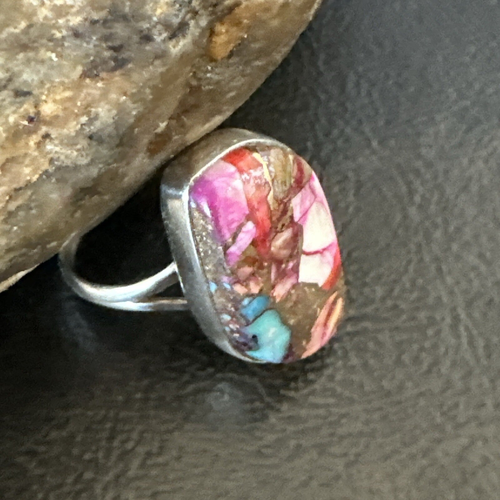 Blue Turquoise Spiny Oyster Navajo Sterling Silver Ring Size 8 18232
