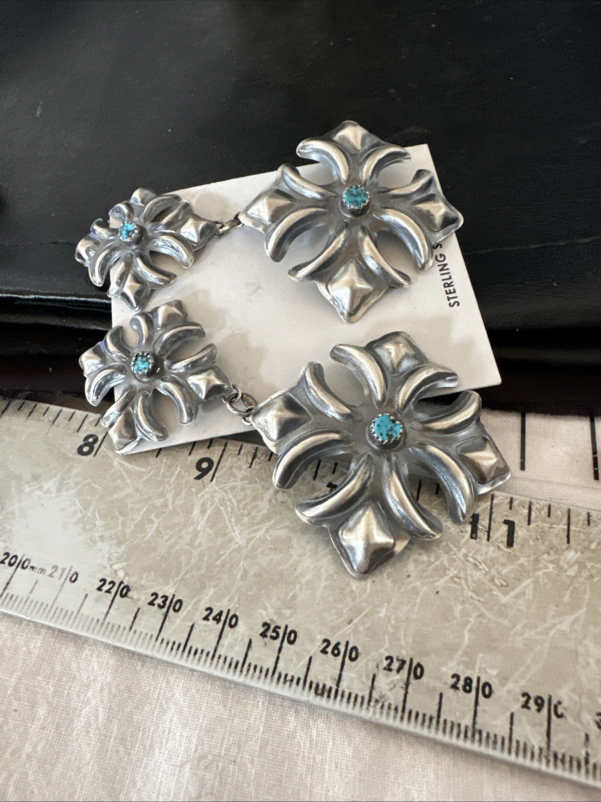 Womens Stamped Blue Turquoise Dangle Earrings Navajo Sterling Silver 19784