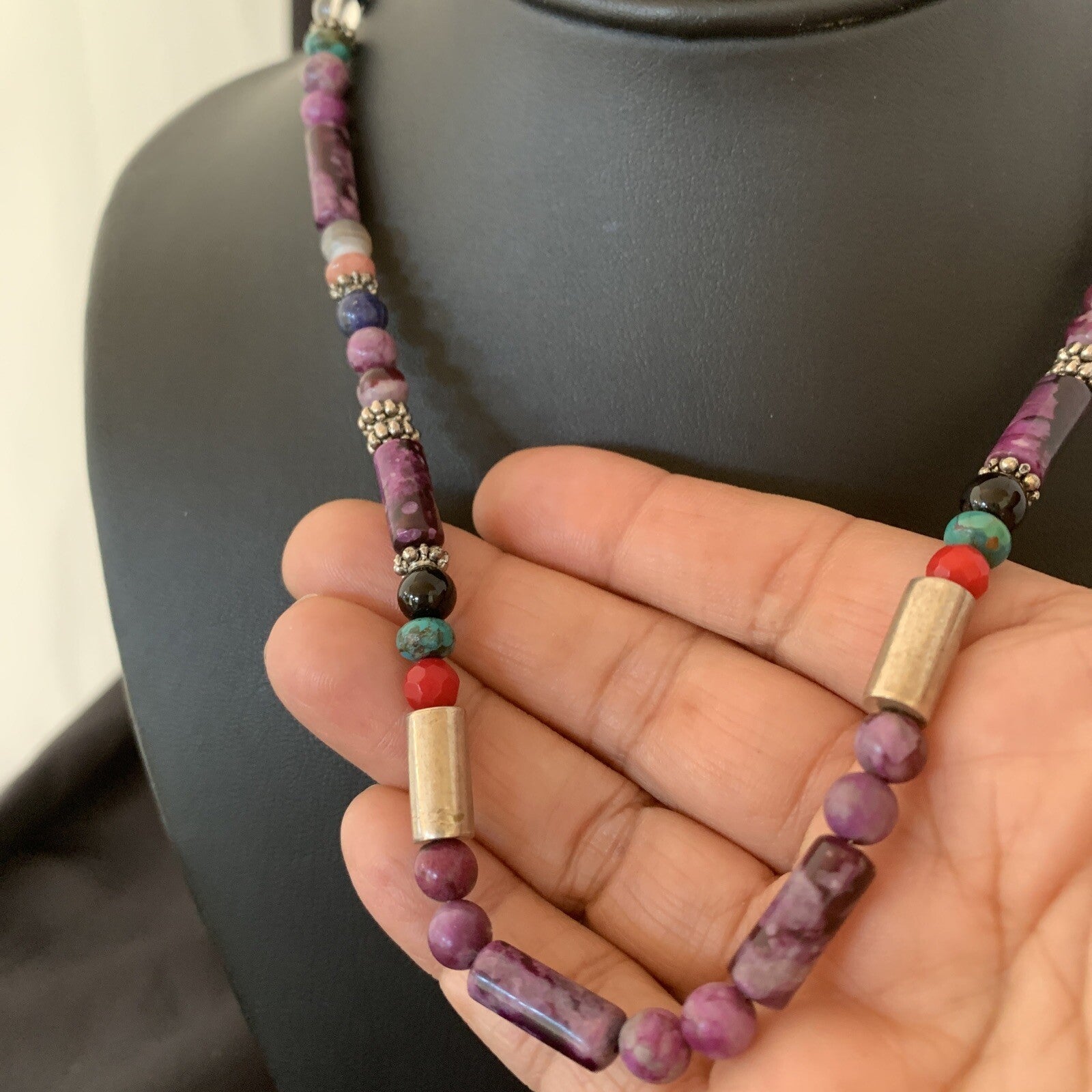 Turquoise Purple Stone & Coral Beads Navajo Sterling Silver Necklace 10391