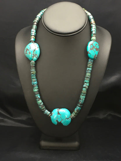 Turquoise Heishi Chunky Navajo Sterling Silver Necklace 20" 02959