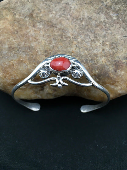 Native American Indian Coral Navajo Sterling Silver Cuff Bracelet 04747