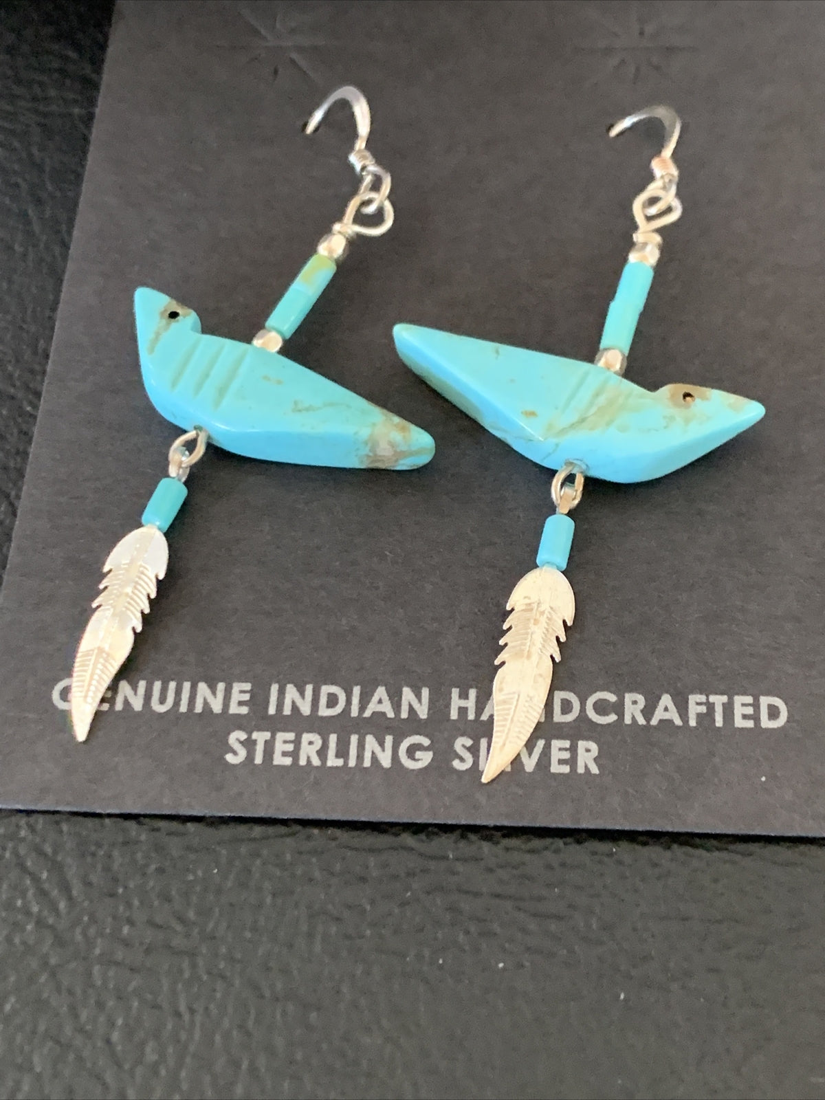 Native American Navajo Blue Turquoise Fetish Sterling Silver Earrings 1.5" 13055