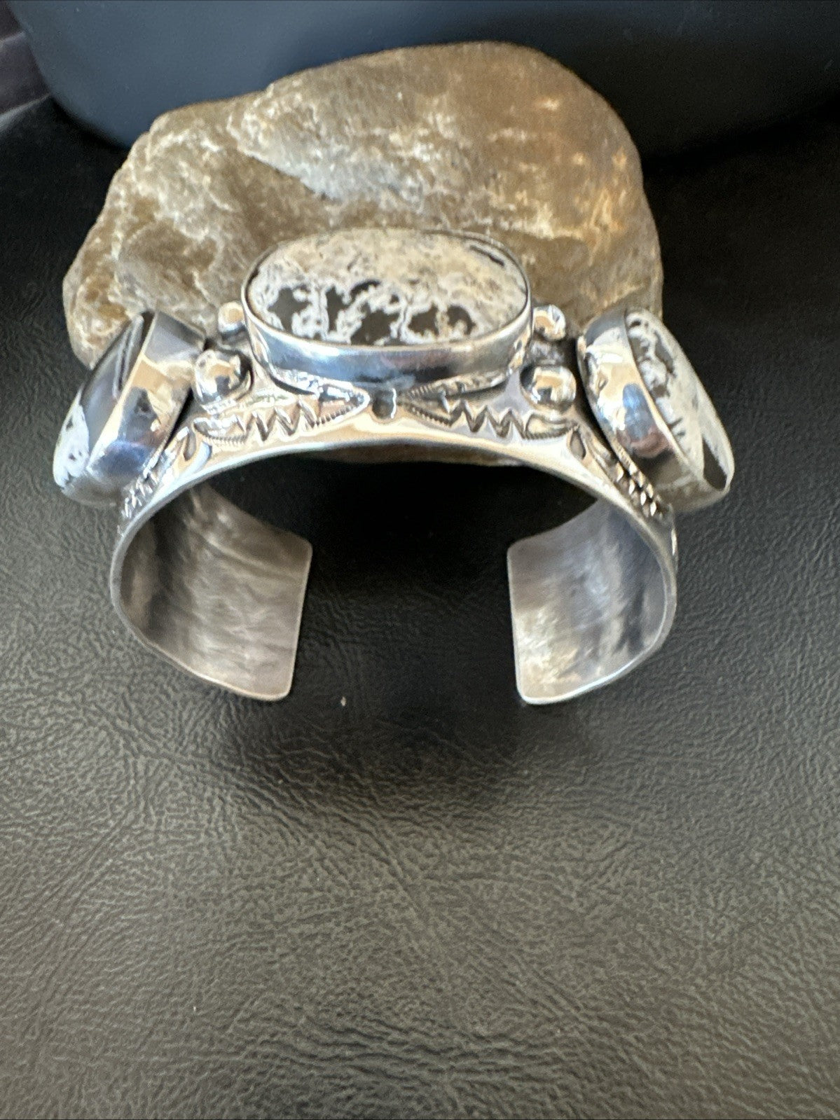 Mens White Buffalo Turquoise Navajo Sterling Silver Cuff Bracelet 7.5" 19428