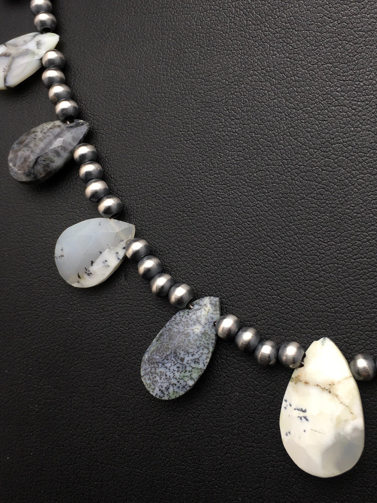 Black Rutile & Opal Pear Shaped Navajo Pearls Sterling Silver Necklace 04091