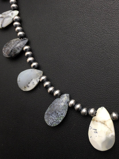 Black Rutile & Opal Pear Shaped Navajo Pearls Sterling Silver Necklace 04091