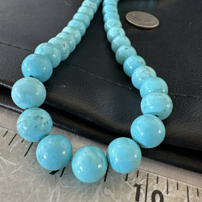 Blue Turquoise 10mm Round Bead Southwestern Sterling Silver Necklace 18” 19402