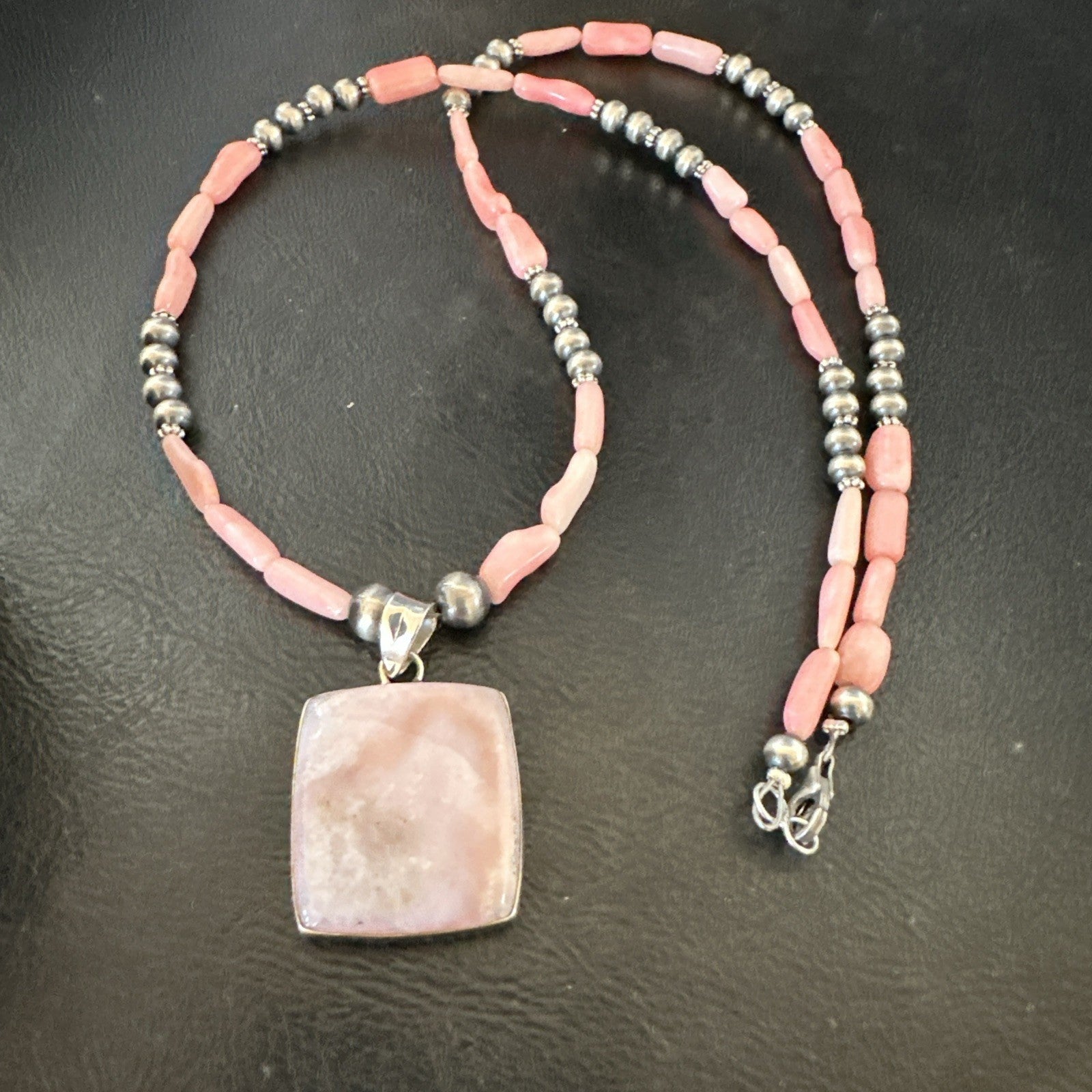 Southwestern Sterling Silver Pink Coral Bead Necklace Quartz Pendant 24" 19591