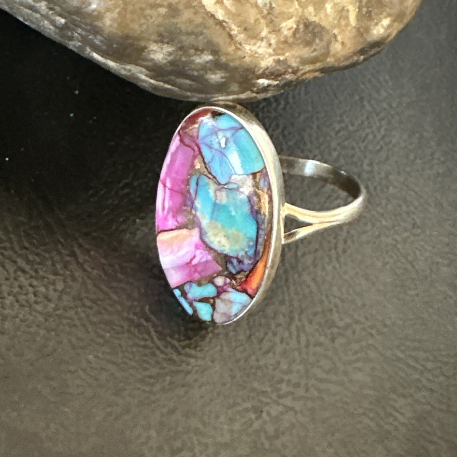 Blue Turquoise Spiny Oyster Southwestern Sterling Silver Ring Size 11 18456