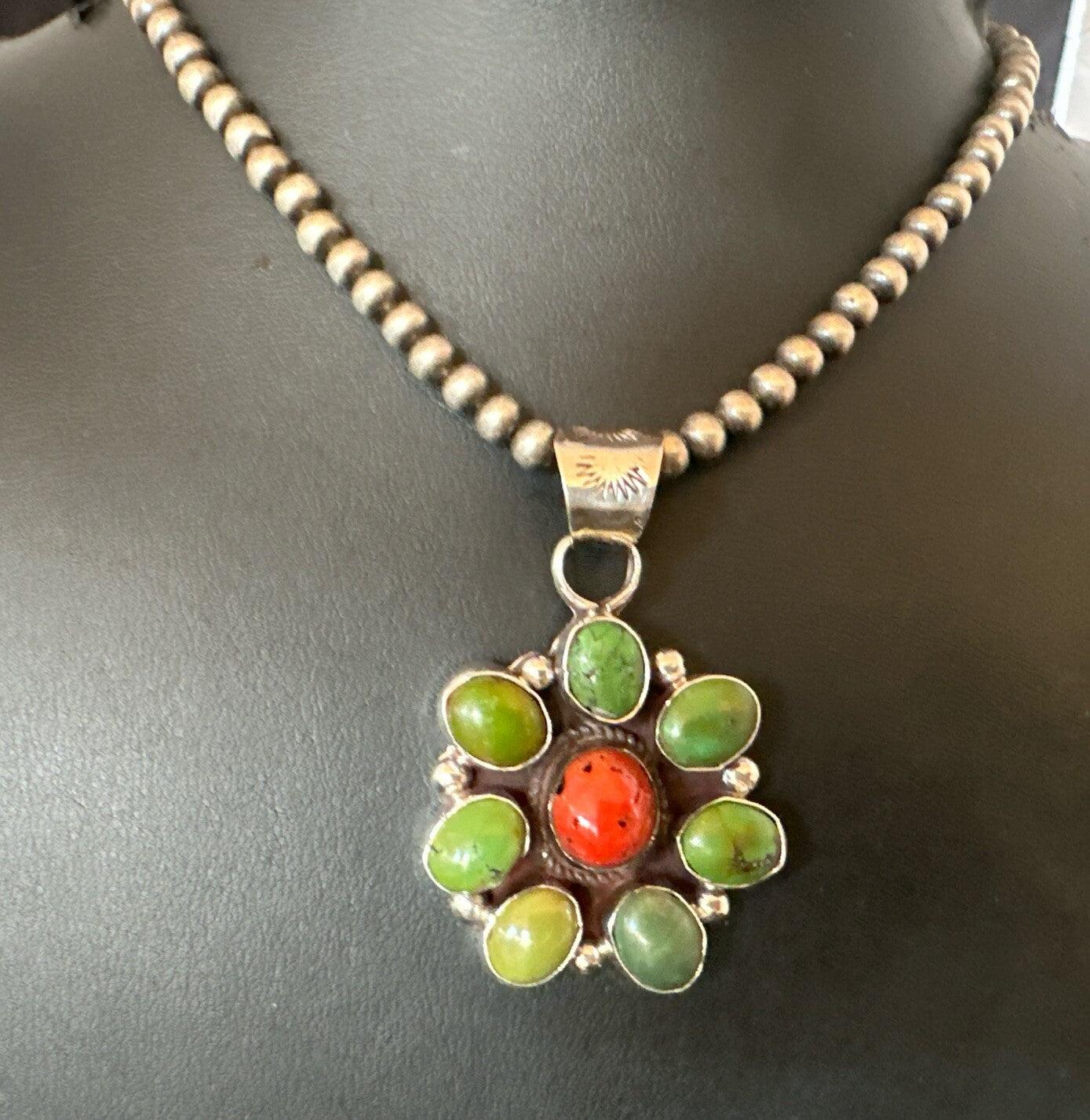 Navajo Sterling Cluster Red Turquoise Pendant Necklace 17711