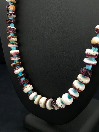Purple Spiny Oyster & Turquoise Navajo Sterling Silver Bead Necklace 02617