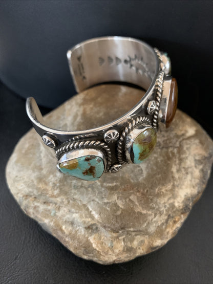 Green Royston Turquoise 5 Stone Navajo Sterling Silver Cuff Bracelet 1380