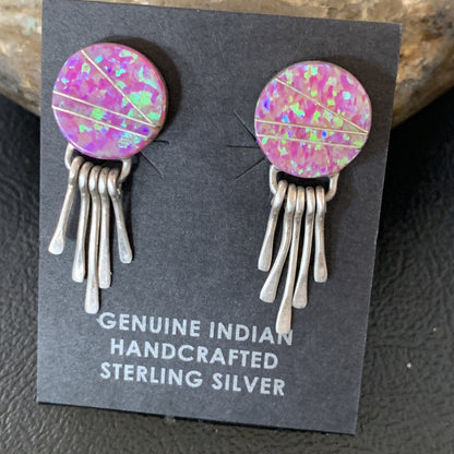 Womens Pink Opal Inlay Navajo Sterling Silver Dangle Post Earrings 1.3" 12758