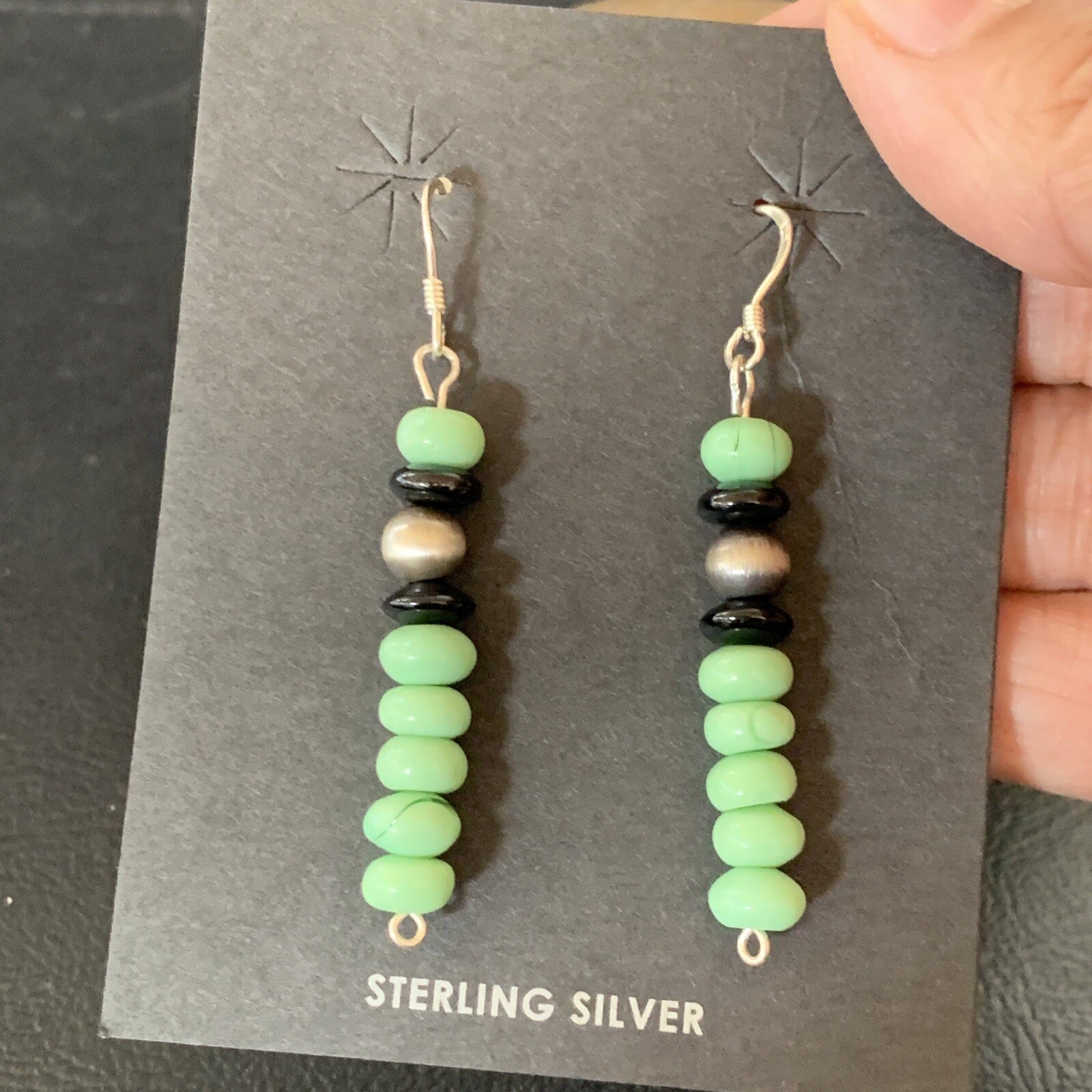 Green Malachite & Black Onyx Navajo Sterling Silver Beads Earrings 04486