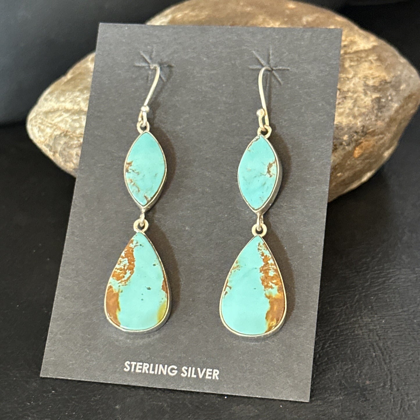 Blue Kingman Turquoise Navajo Sterling Silver Dangle Earrings 14577