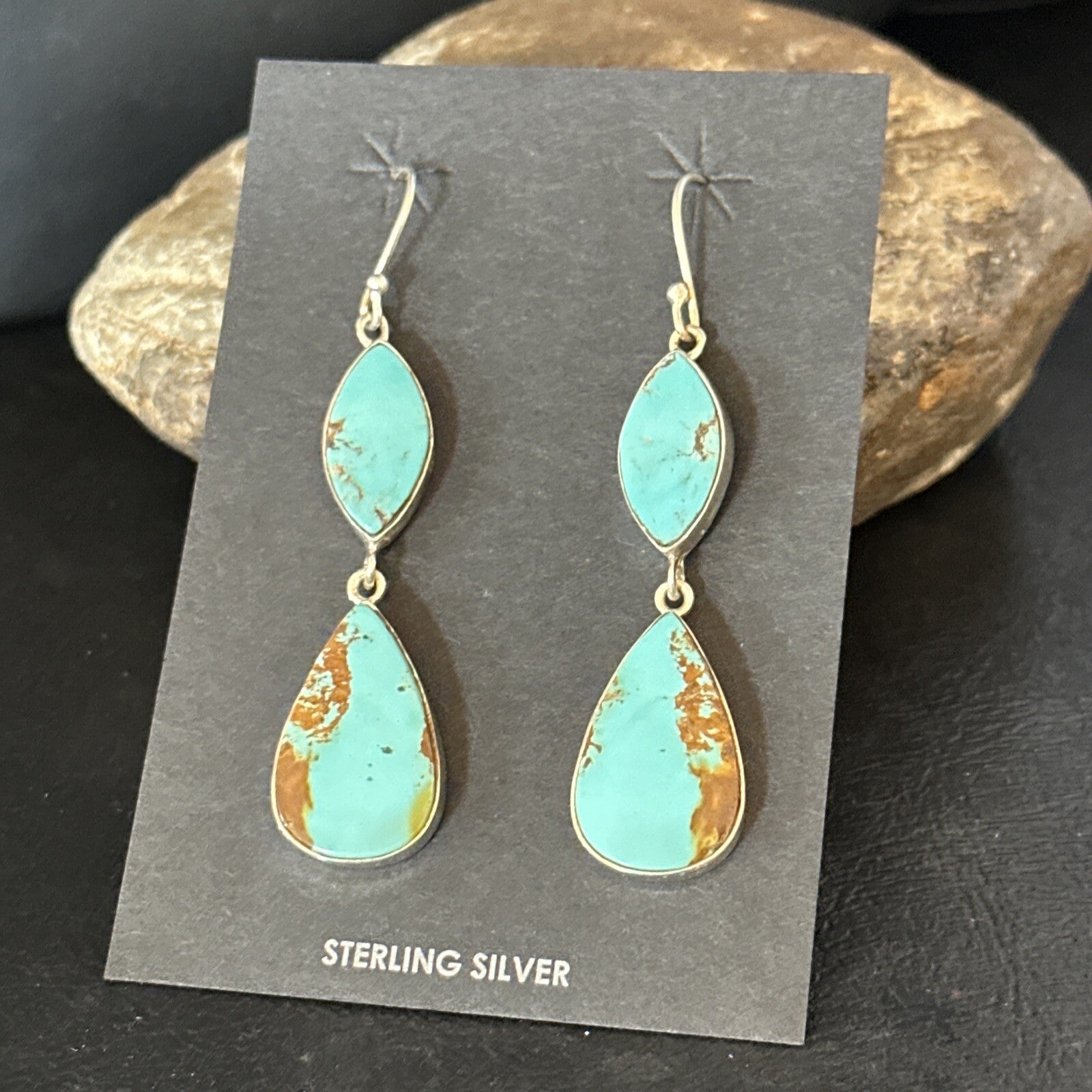 Blue Kingman Turquoise Navajo Sterling Silver Dangle Earrings 14577