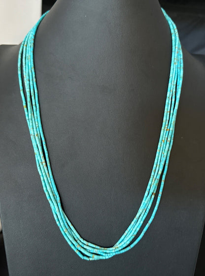 Native Blue Turquoise Heishi 5 Strand Sterling Silver Necklace 24” 19458