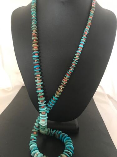 Navajo Blue Green Turquoise & Spiny Oyster Necklace Graduated 35" 8117