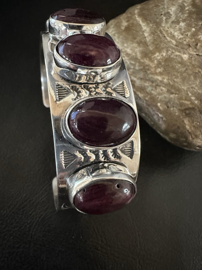 Purple Spiny Oyster Row 5 Stone Sterling Silver Navajo Cuff Bracelet 19473