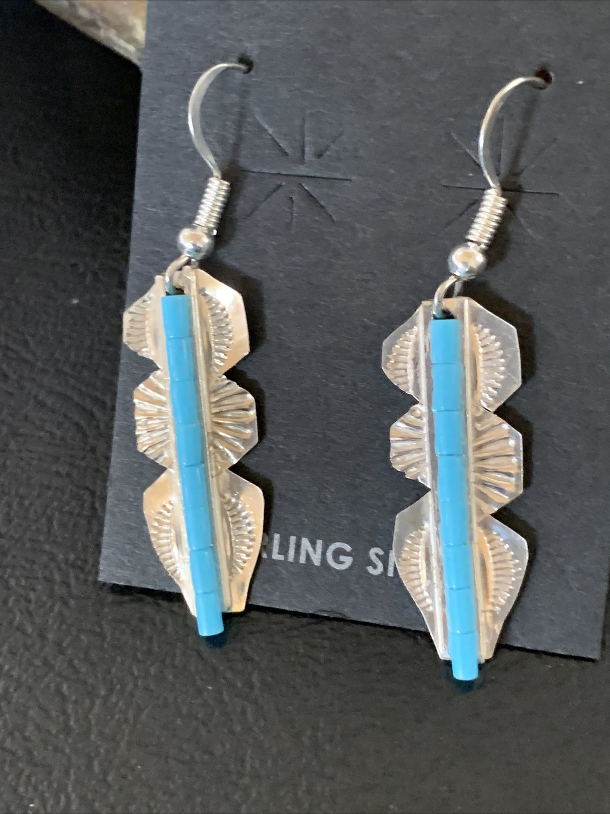 Blue Turquoise Sterling Silver Navajo Handmade Inlay Feather Earrings 13063