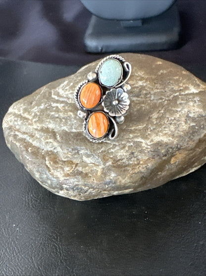 Multicolor Ring Turquoise Spiny Navajo Sterling Silver Cluster Size 8.5 19188