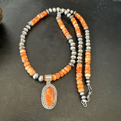 Orange Spiny Oyster Navajo Pearls Sterling Silver  Necklace Pendant 18679
