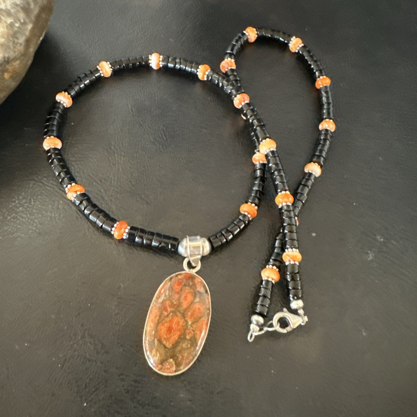 Orange Spiny Black Onyx Navajo Sterling Silver Pendant Necklace 20” 19638