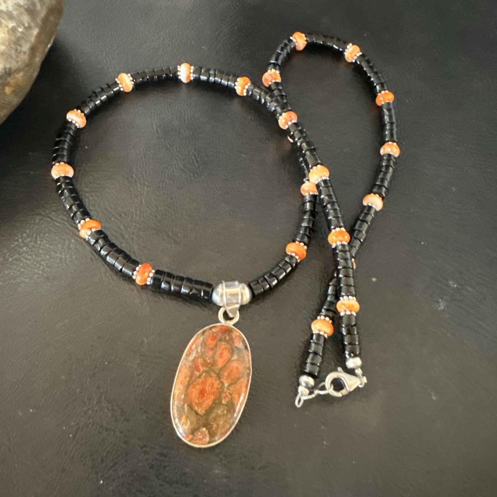 Orange Spiny Black Onyx Navajo Sterling Silver Pendant Necklace 20” 19638