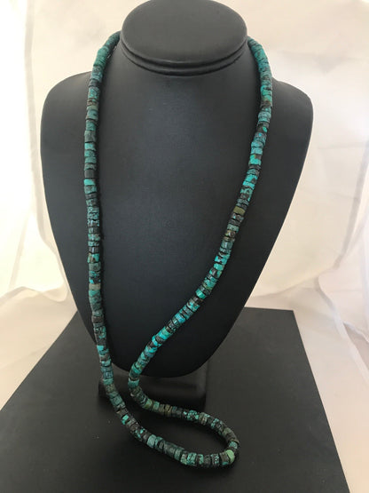 Navajo Blue Turquoise 10mm Heishi Sterling Silver Bead Necklace 26” 10068