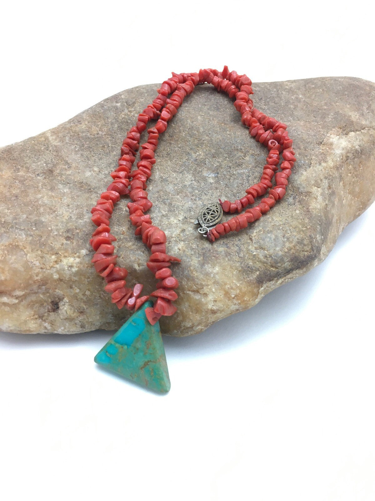 Kingman Turquoise Pendant Coral Sterling Silver Old Pawn Necklace 19" 4008