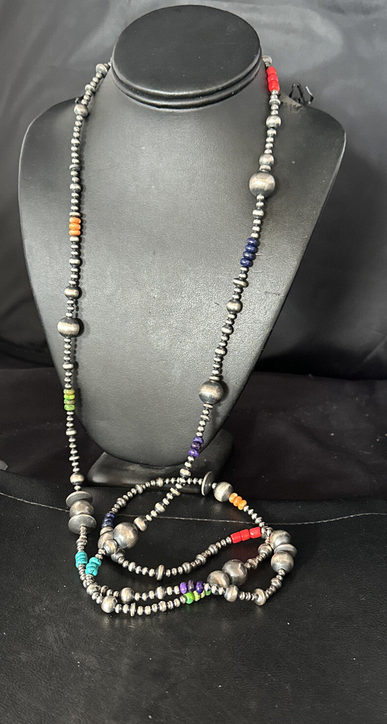 Turquoise Coral Spiny Oyster Navajo Pearls Sterling Silver Bead Necklace 51" -N