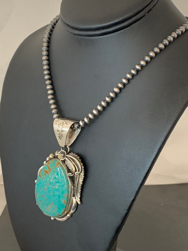 Men's Turquoise #8 Pendant Navajo Beads Necklace | Sterling Silver | Authentic Native American Handmade | 04619