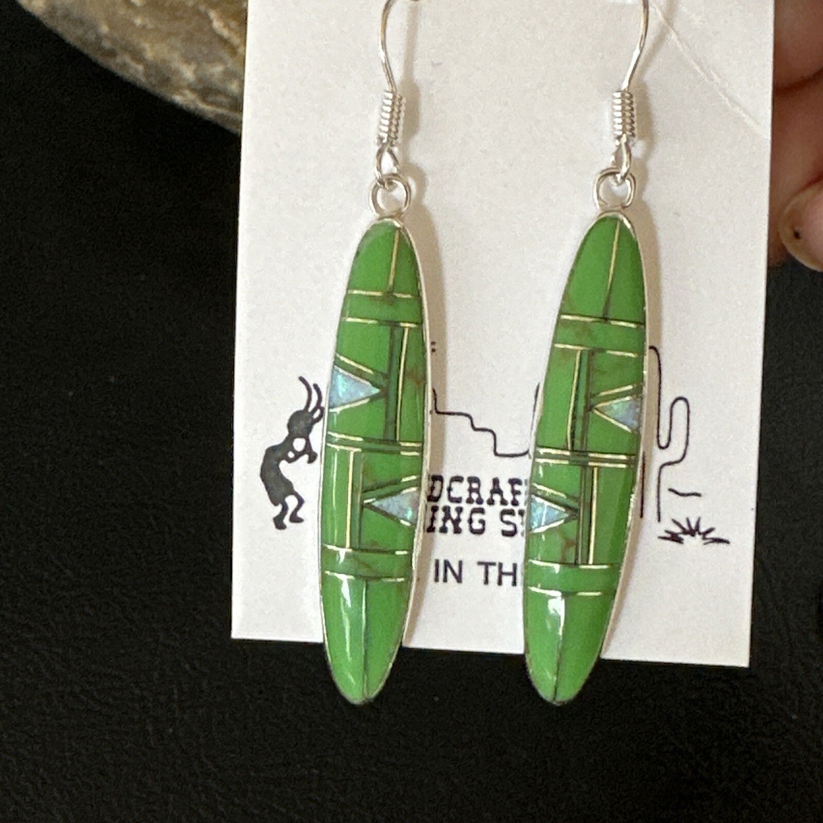 Green Gaspiete Southwestern Sterling Silver Inlay Earrings 1.5” 14933