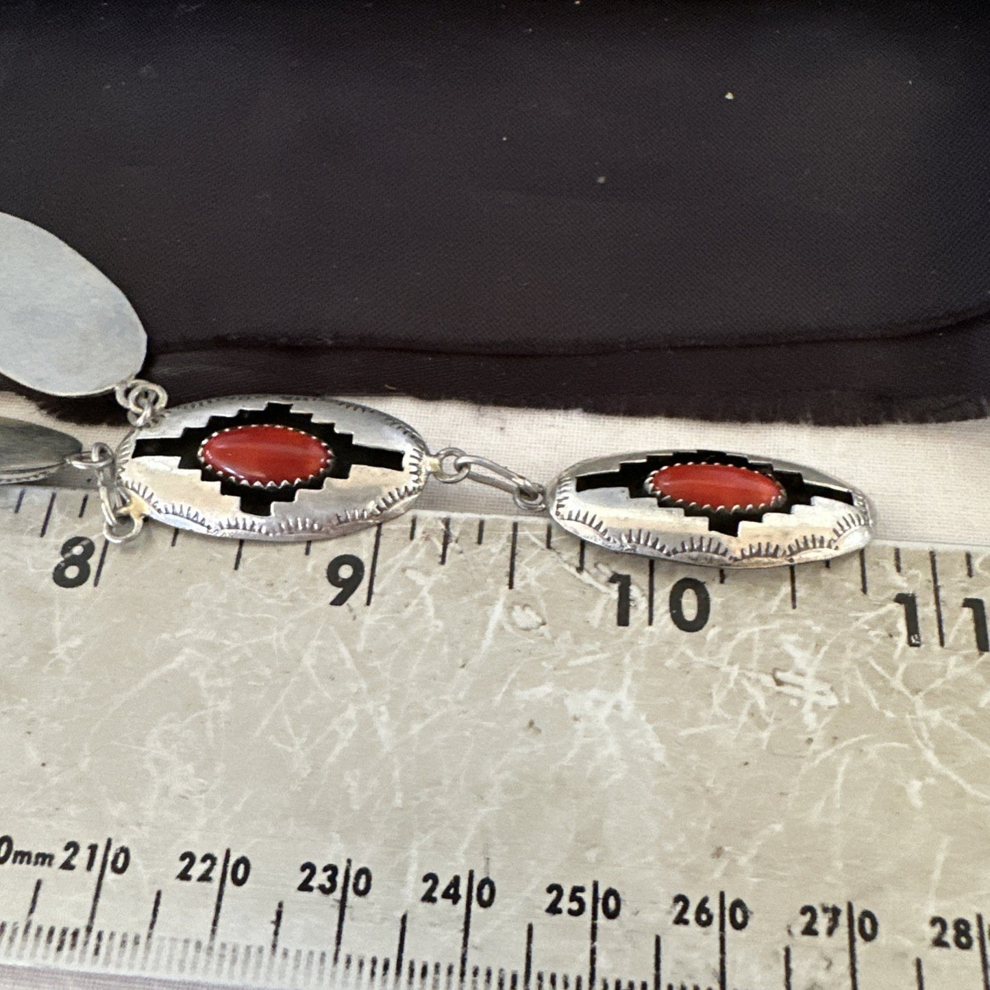 Old Native Navajo Red Coral Sterling Silver Shadowbox Necklace Earrings 18”19101